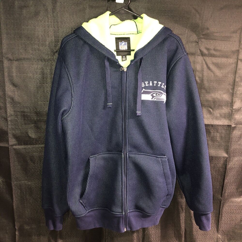 Seattle Seahawks Full Zip Sherpa Lined Hooded Jacket(M) Blue/Green Logo